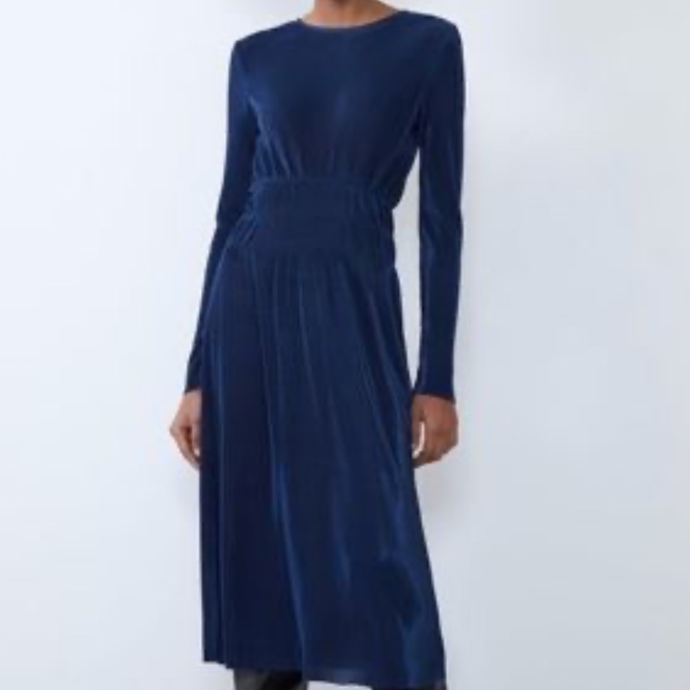 Zara gathered waist pleated navy light weight semi sheer long sleeve midi dress - Picture 8 of 13